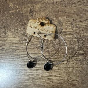 New Pink Panache silver 12mm hoops black swavorski crystal earrings
